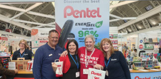 Sponsors swift to sign up for National Stationery Week Ambassador Sarah Laker (second right) with fellow indie (second left) Sandra Jarvis of Creative Cove and Pentel’s director of sales UK and ROI Graham Craik and marketing manager Wendy Vickery at last year’s London Stationery Show